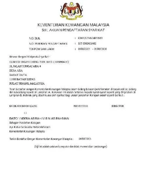Kementerian Kewangan Malaysia Certificate